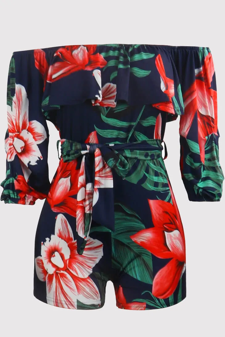 Off Shoulder Floral Rainbow Short Jumpsuits