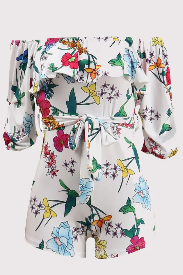 Off Shoulder Floral Rainbow Short Jumpsuits