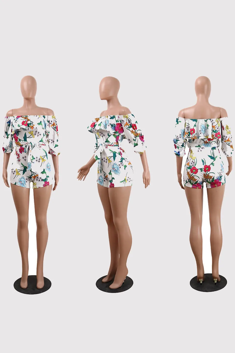 Off Shoulder Floral Rainbow Short Jumpsuits