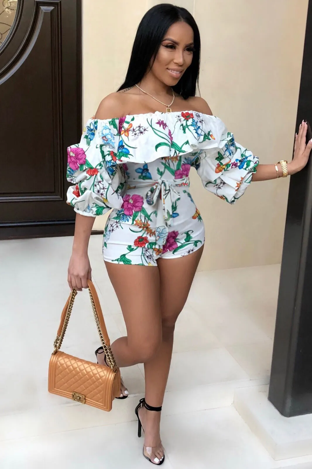 Off Shoulder Floral Rainbow Short Jumpsuits