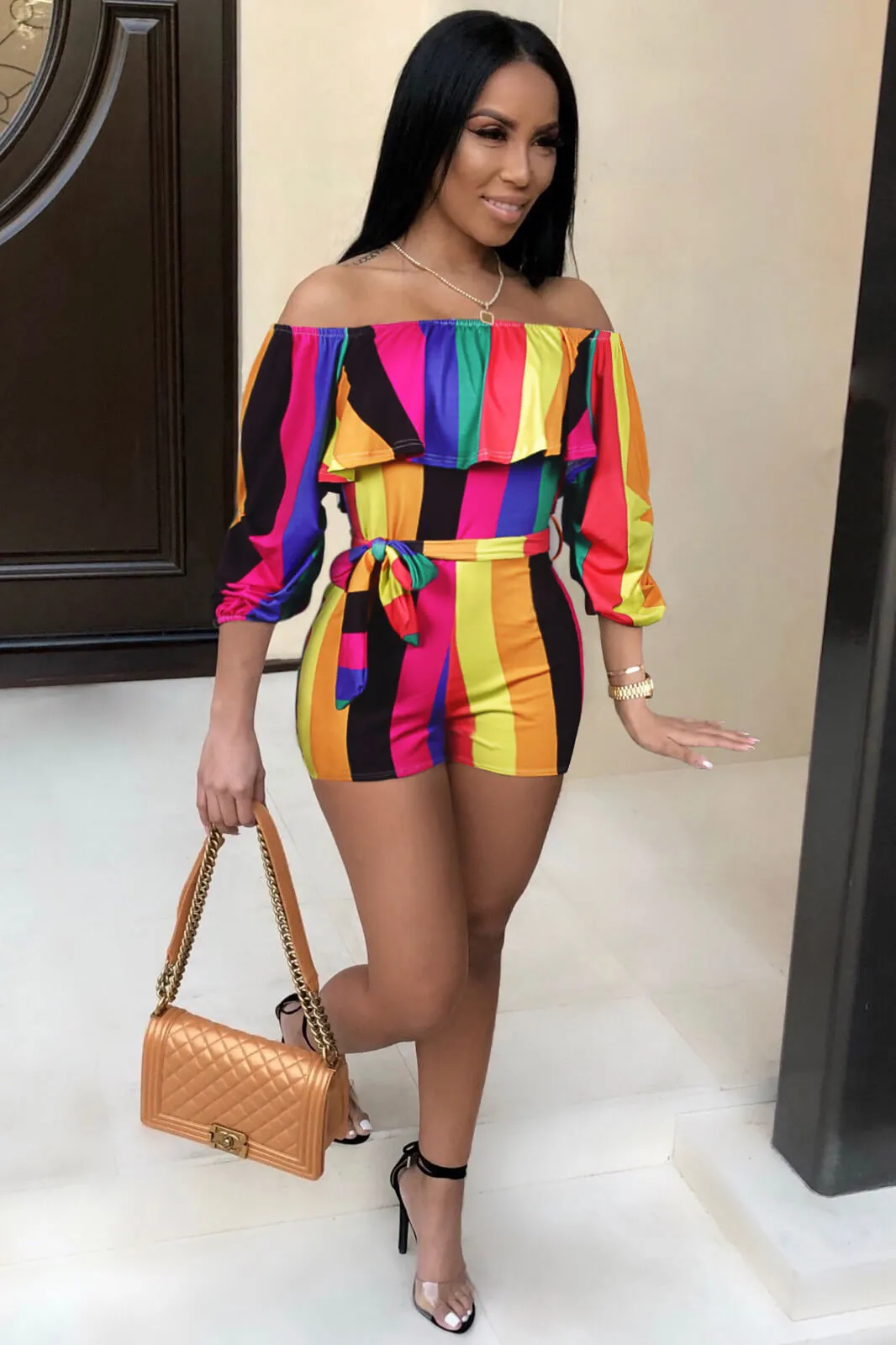 Off Shoulder Floral Rainbow Short Jumpsuits