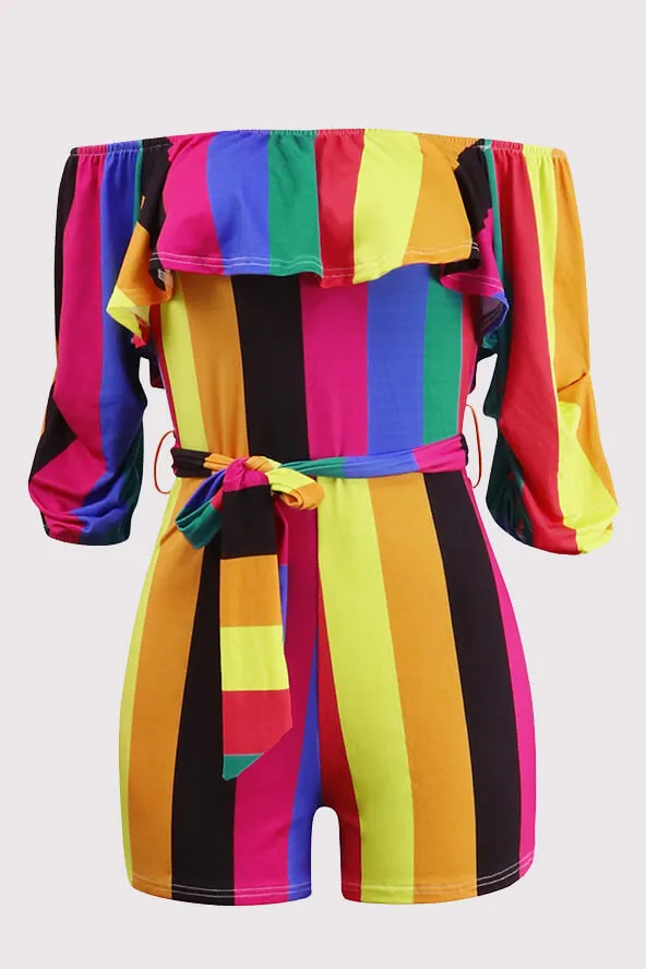 Off Shoulder Floral Rainbow Short Jumpsuits