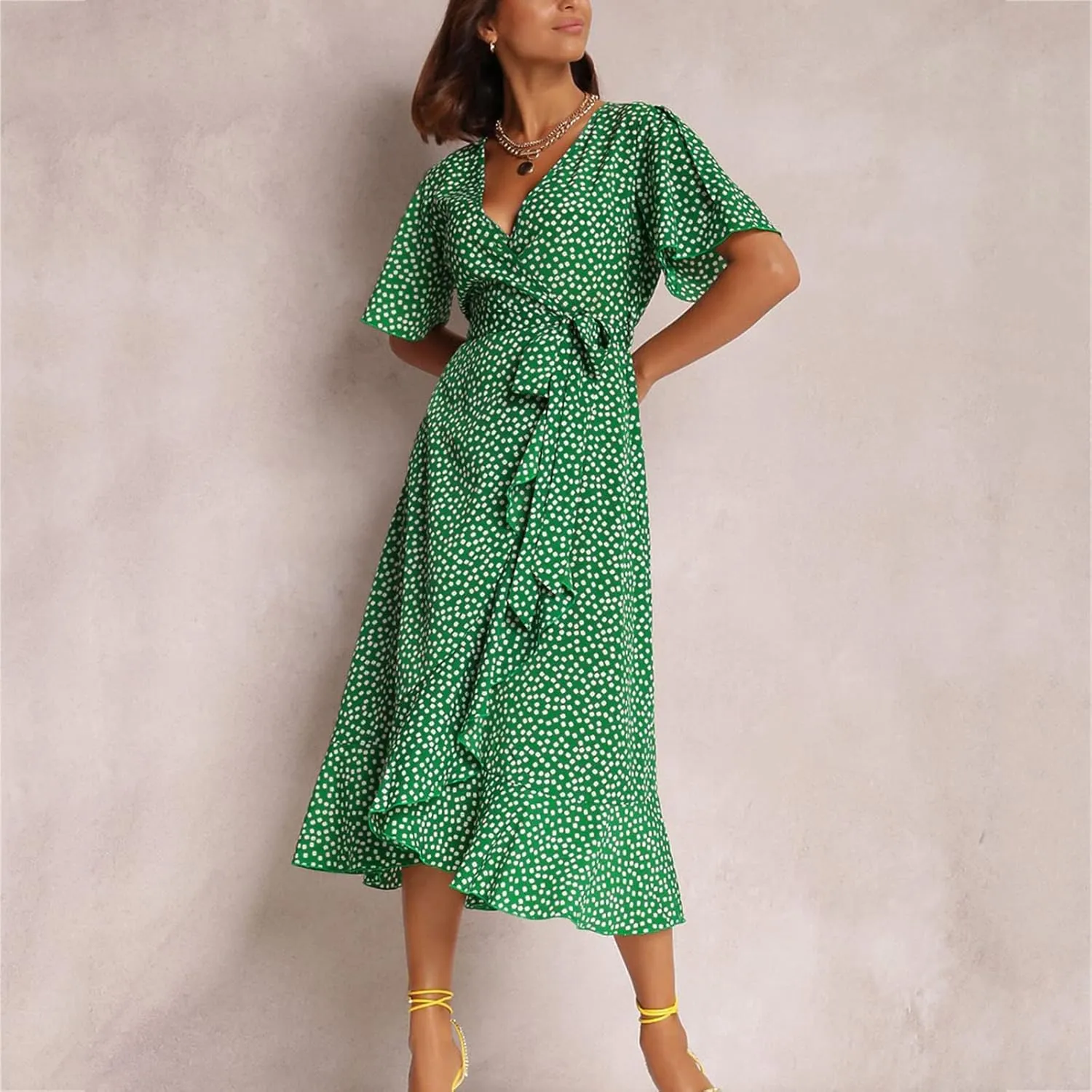 Ollysqiar Dresses Women's 2023 Floral Summer Dress Wrap V Neck Short Sleeve Belted Ruffle Hem A-Line Bohemian Dresses A02 4