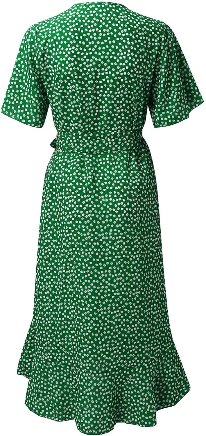 Ollysqiar Dresses Women's 2023 Floral Summer Dress Wrap V Neck Short Sleeve Belted Ruffle Hem A-Line Bohemian Dresses A02 4