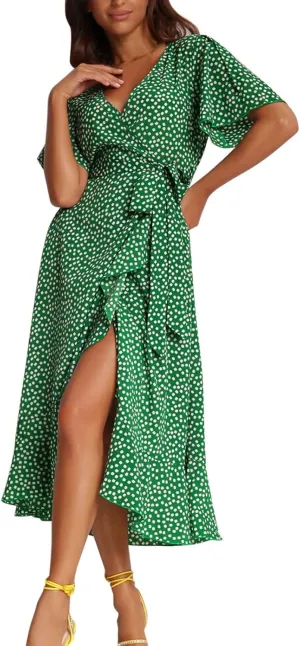 Ollysqiar Dresses Women's 2023 Floral Summer Dress Wrap V Neck Short Sleeve Belted Ruffle Hem A-Line Bohemian Dresses A02 4
