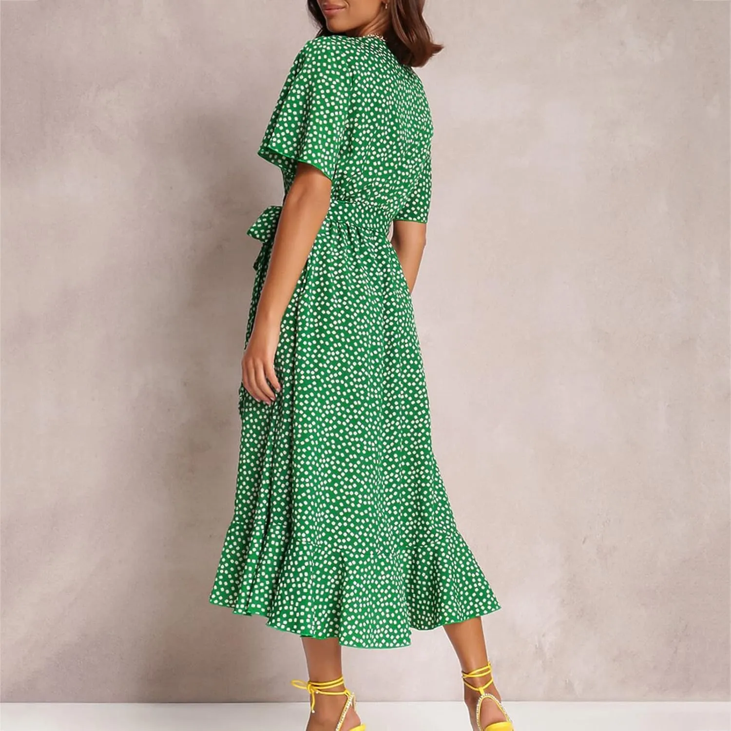 Ollysqiar Dresses Women's 2023 Floral Summer Dress Wrap V Neck Short Sleeve Belted Ruffle Hem A-Line Bohemian Dresses A02 4