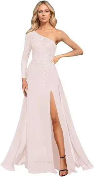 One Sleeve Mother of The Bride Dresses for Wedding Long Lace Sequin Formal Evening Dresses with Slit