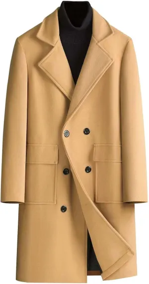 Overcoat Trench Coat Men Double Breasted Warm Woolen Cloth Jacket Long Coat Thickened Notch Lapel Outdoor Trench Coat