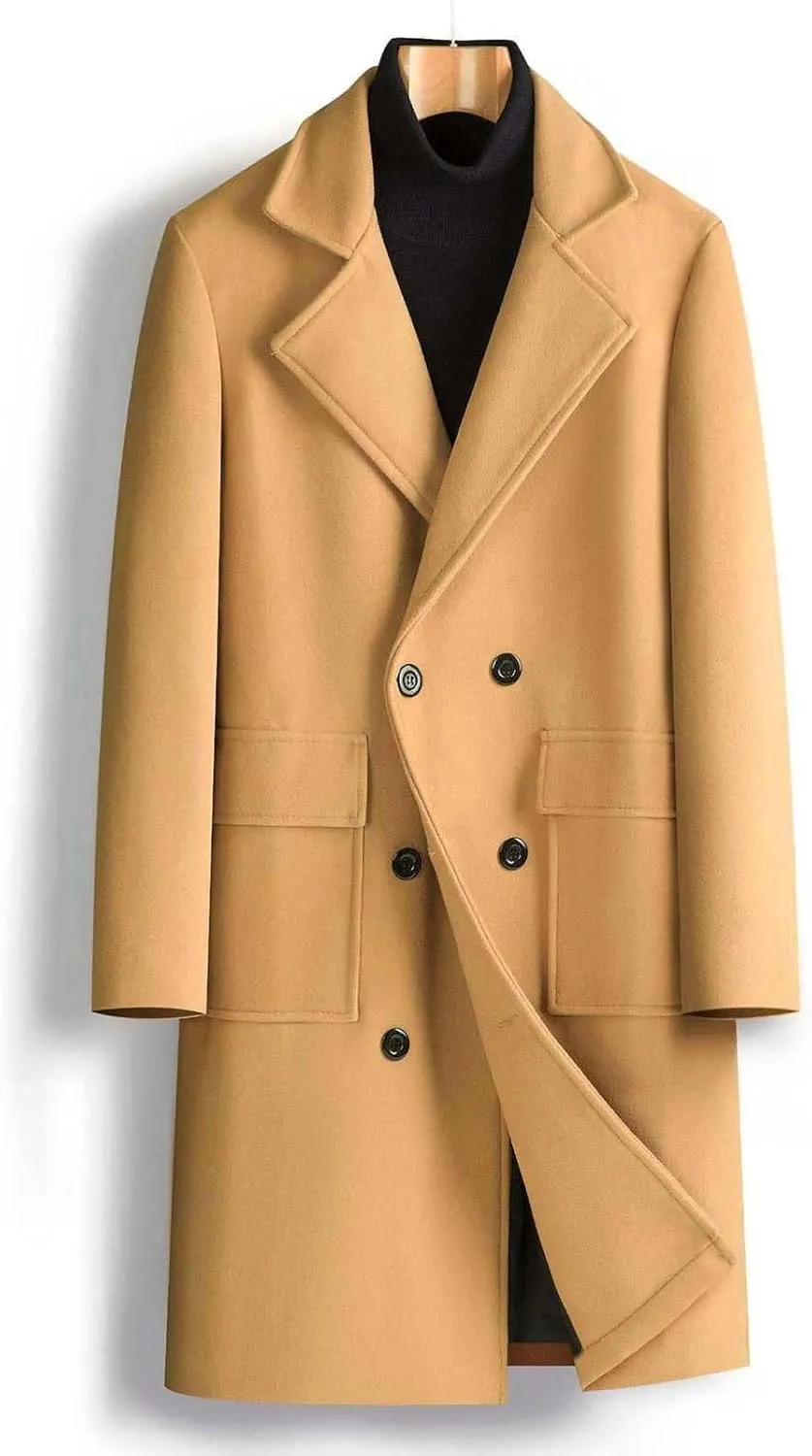 Overcoat Trench Coat Men Double Breasted Warm Woolen Cloth Jacket Long Coat Thickened Notch Lapel Outdoor Trench Coat
