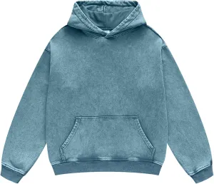 Oversized Denim Pullover Hoodie - Men's Vintage Sweatshirt with Acid Wash