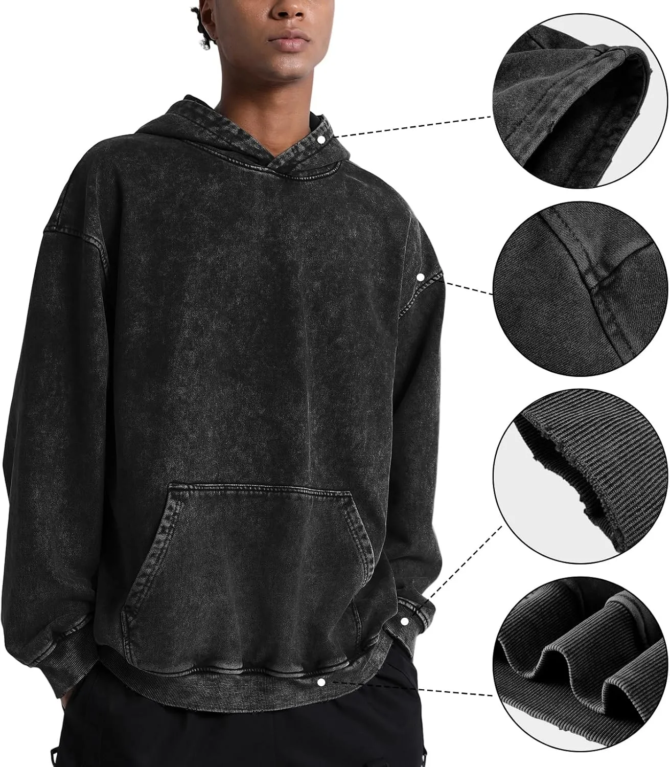 Oversized Denim Pullover Hoodie - Men's Vintage Sweatshirt with Acid Wash
