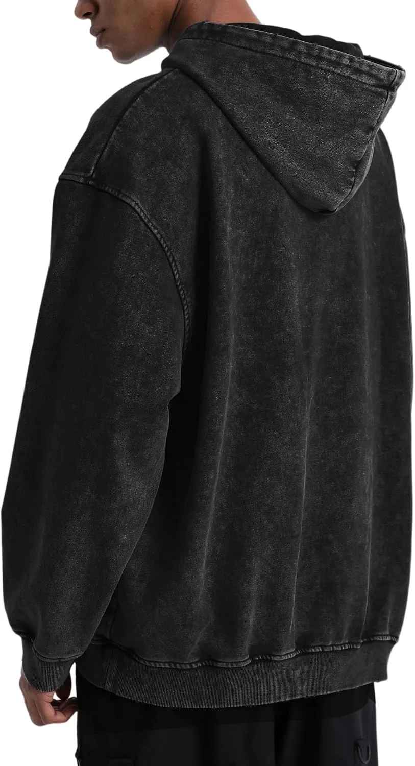 Oversized Denim Pullover Hoodie - Men's Vintage Sweatshirt with Acid Wash