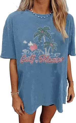 Oversized Graphic Tee Shirt for Women Summer Beach Vacation Clothes Casual Short Sleeve Loose Fit Basic T Shirt Top
