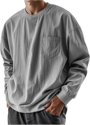 Oversized Tshirts for Men Long Sleeve Classic Crew Neck Shirts Casual Distressed Washed Round Neck Tops with Pocket