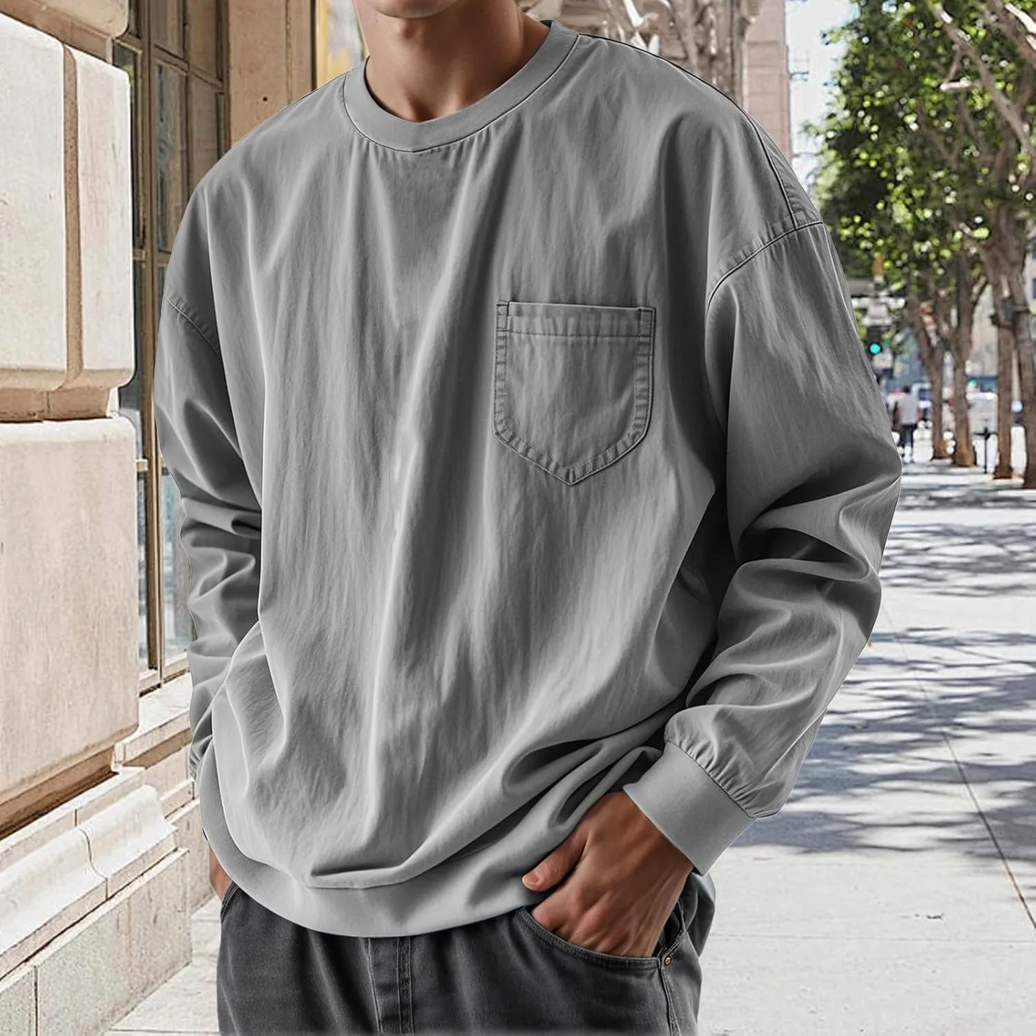 Oversized Tshirts for Men Long Sleeve Classic Crew Neck Shirts Casual Distressed Washed Round Neck Tops with Pocket