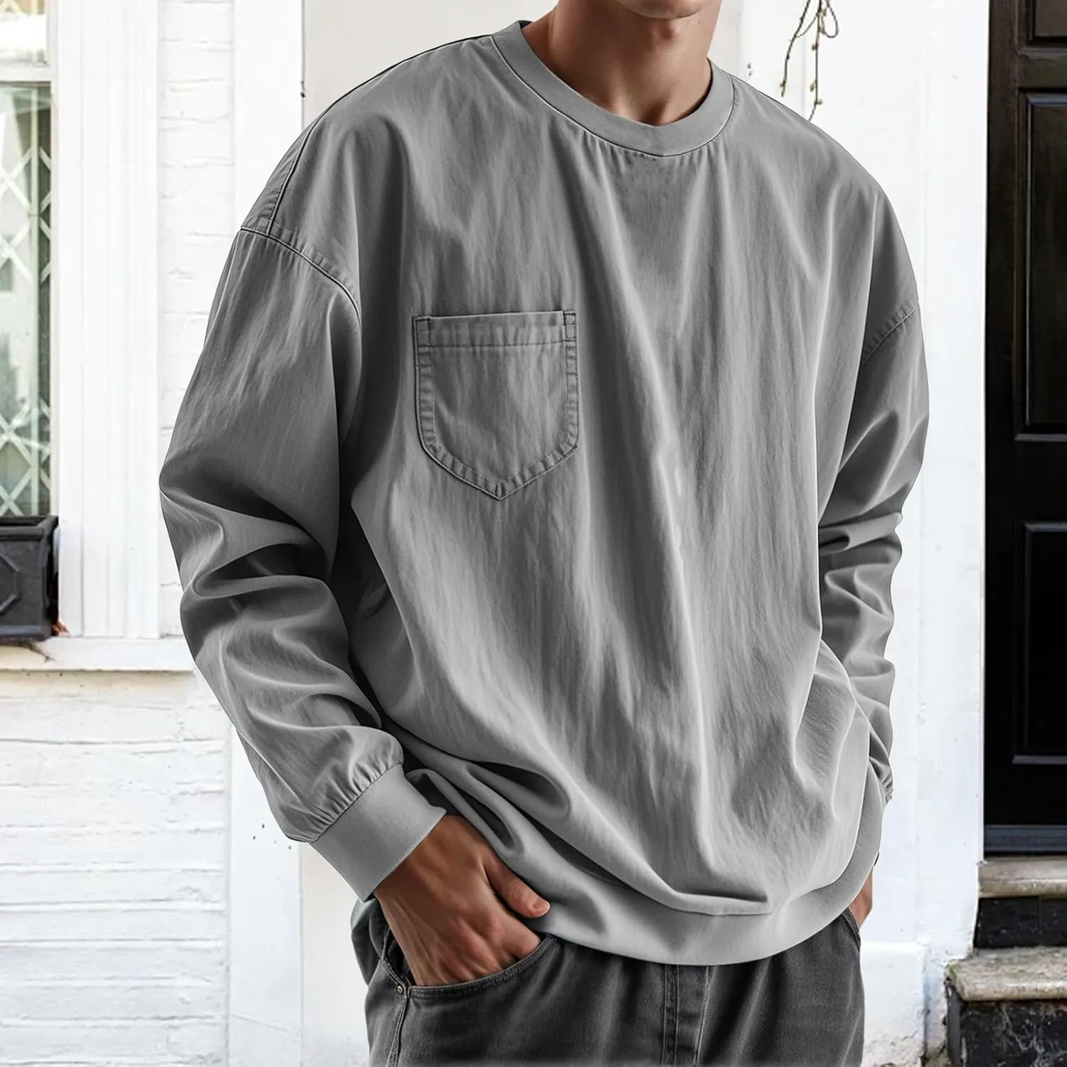 Oversized Tshirts for Men Long Sleeve Classic Crew Neck Shirts Casual Distressed Washed Round Neck Tops with Pocket