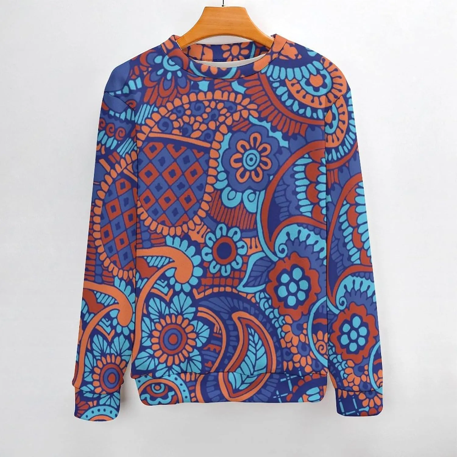 Paisley Flowers Crew Neck Sweater Oversized Long Sleeve Pure Cotton Casual Knit Pullover Sweatshirt