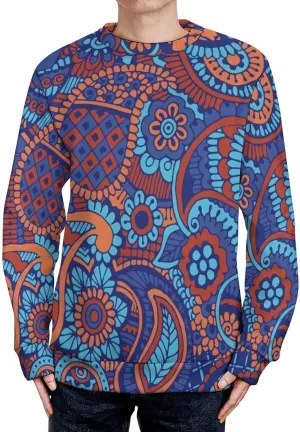 Paisley Flowers Crew Neck Sweater Oversized Long Sleeve Pure Cotton Casual Knit Pullover Sweatshirt