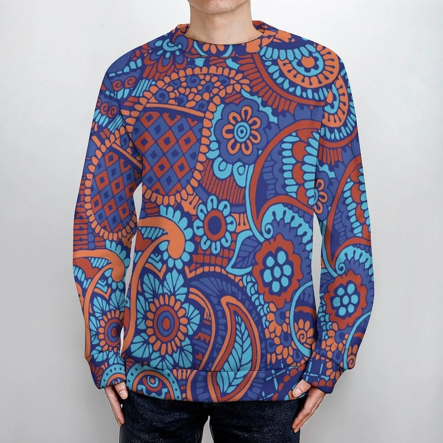 Paisley Flowers Crew Neck Sweater Oversized Long Sleeve Pure Cotton Casual Knit Pullover Sweatshirt