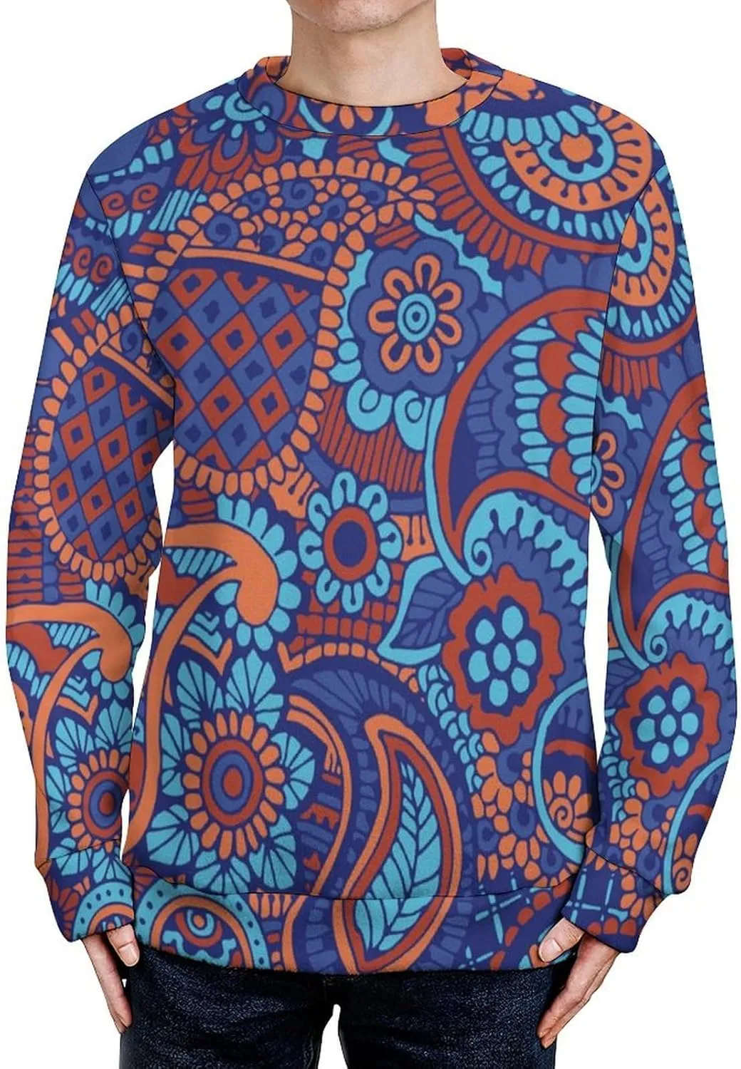Paisley Flowers Crew Neck Sweater Oversized Long Sleeve Pure Cotton Casual Knit Pullover Sweatshirt