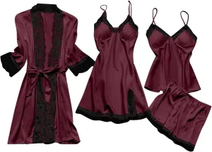 Pajamas for Women Silk Pajama Set 4pcs Robe Lingerie Satin Sleepwear Nightdress Lace Nightgown Sexy Set