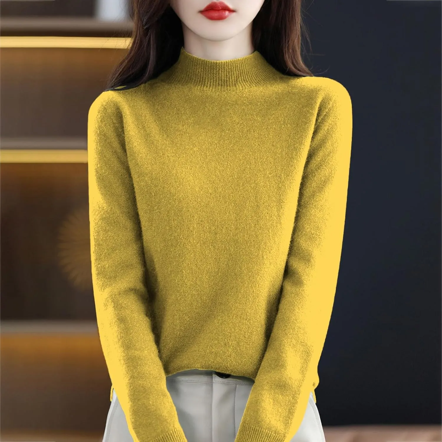PETYCZEN Cashmere Sweaters for Women Casual Long Sleeve Mock Neck Sweater Cozy Warm Knit Sweater Jumpers Pullover Tops
