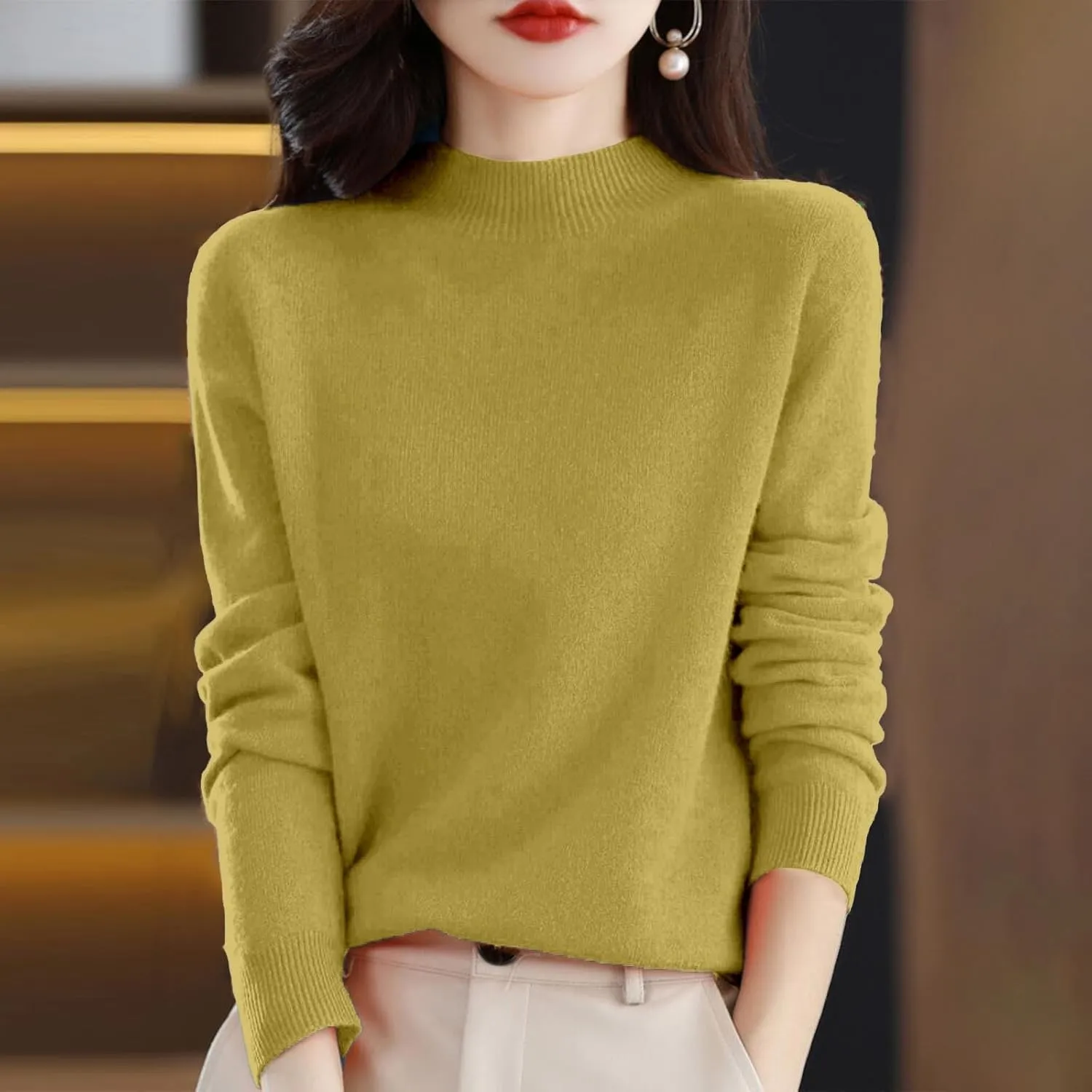 PETYCZEN Cashmere Sweaters for Women Casual Long Sleeve Mock Neck Sweater Cozy Warm Knit Sweater Jumpers Pullover Tops