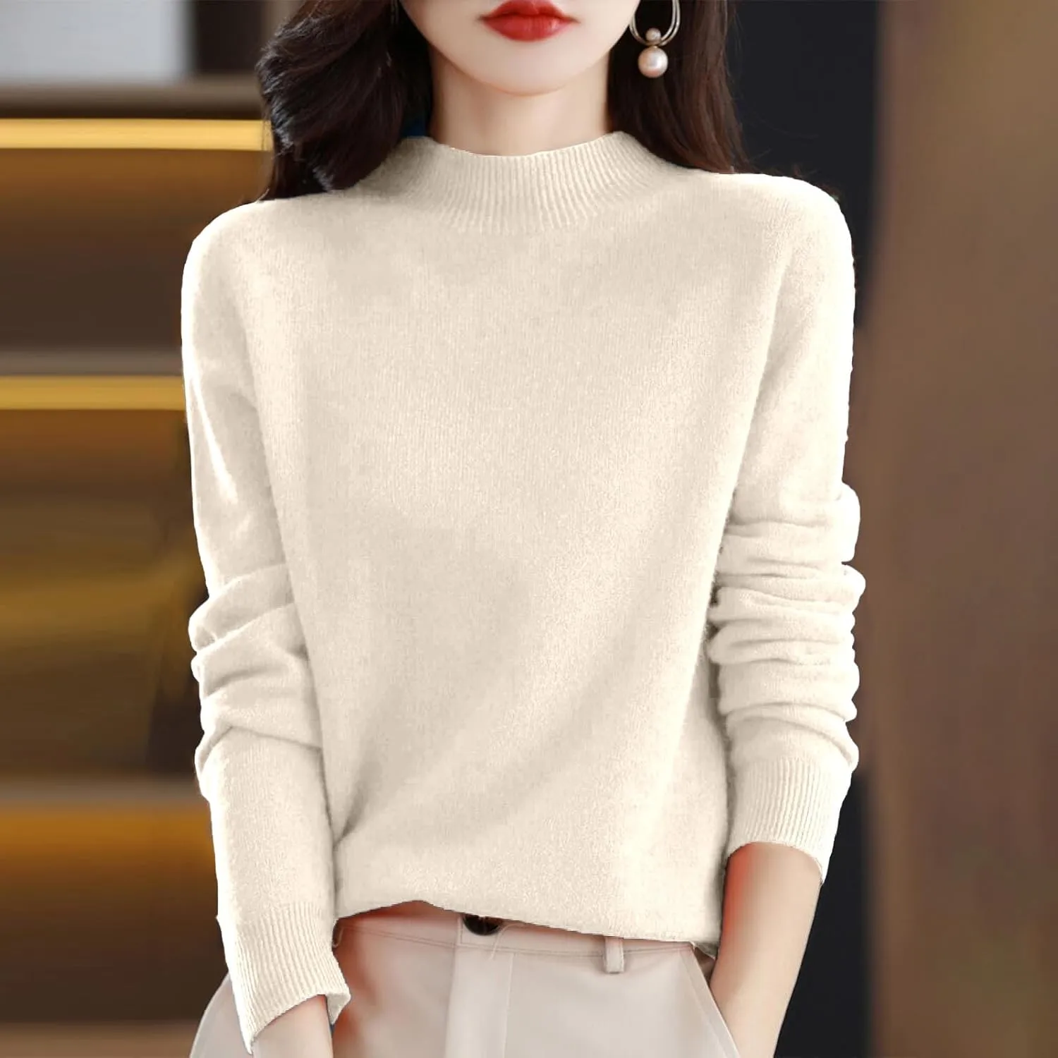 PETYCZEN Cashmere Sweaters for Women Casual Long Sleeve Mock Neck Sweater Cozy Warm Knit Sweater Jumpers Pullover Tops