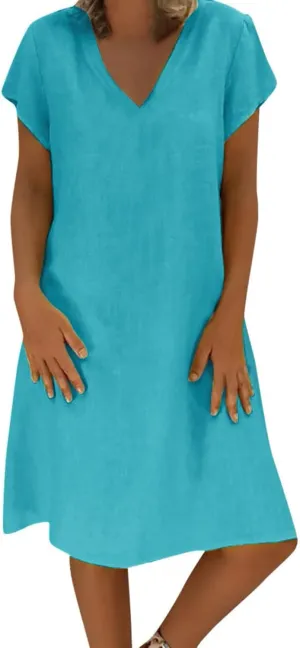 Plus Size Cotton Linen Dresses for Women 2024 Trendy, Summer Casual V-Neck Solid Short Sleeve Loose Beach Midi Dress Women Dresses High Neck Women Dresses Midi Blue