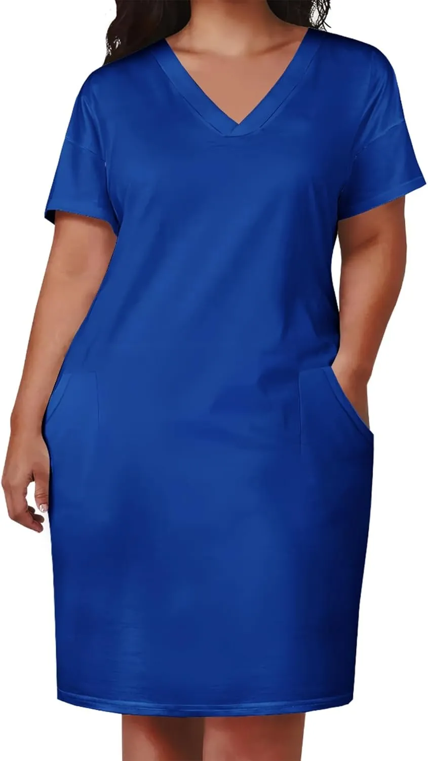 Plus Size Dresses for Curvy Women Summer Casual T shirt Midi Dress Short Sleeve with Pockets Travel Vacation Outfits