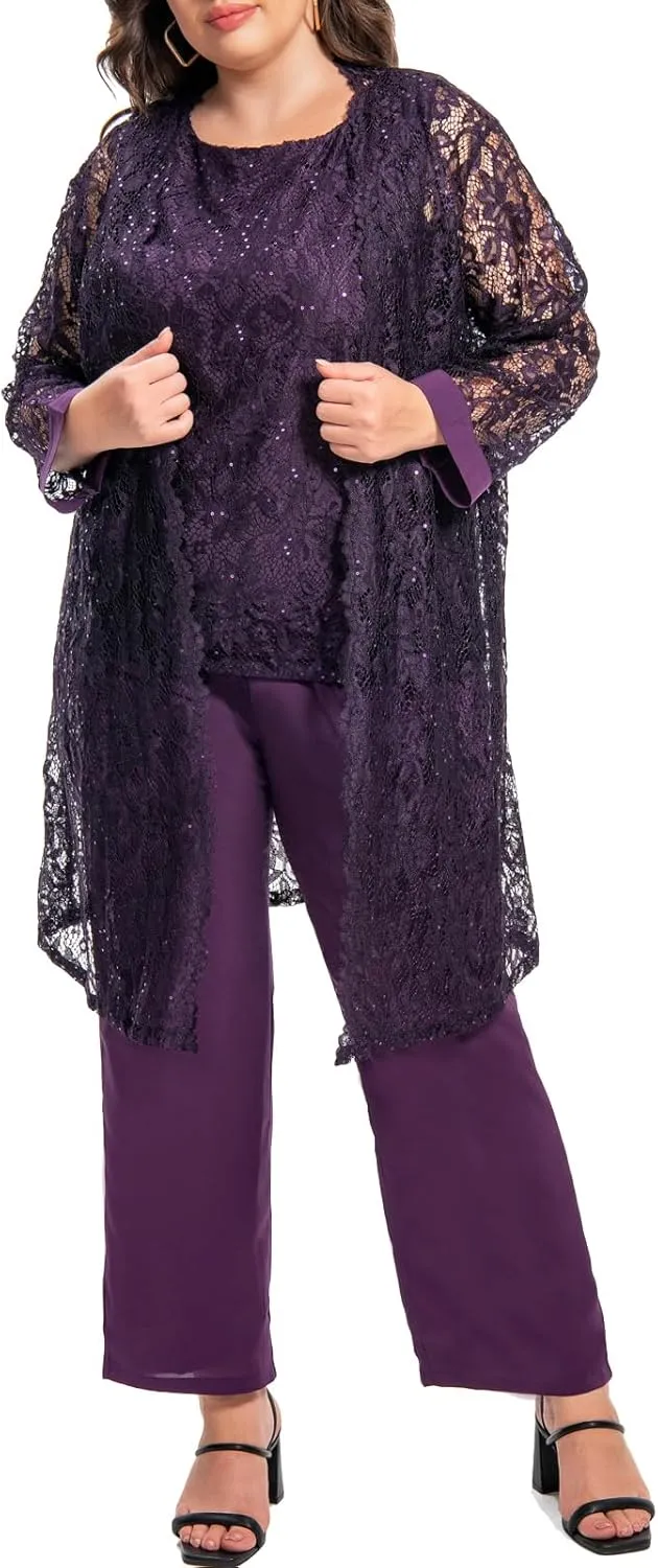 Plus Size Elegant Mother of The Bride Pant Suits Chiffon Pant with Women's Tank Top and Sequin Lace Jacket Evening Gown