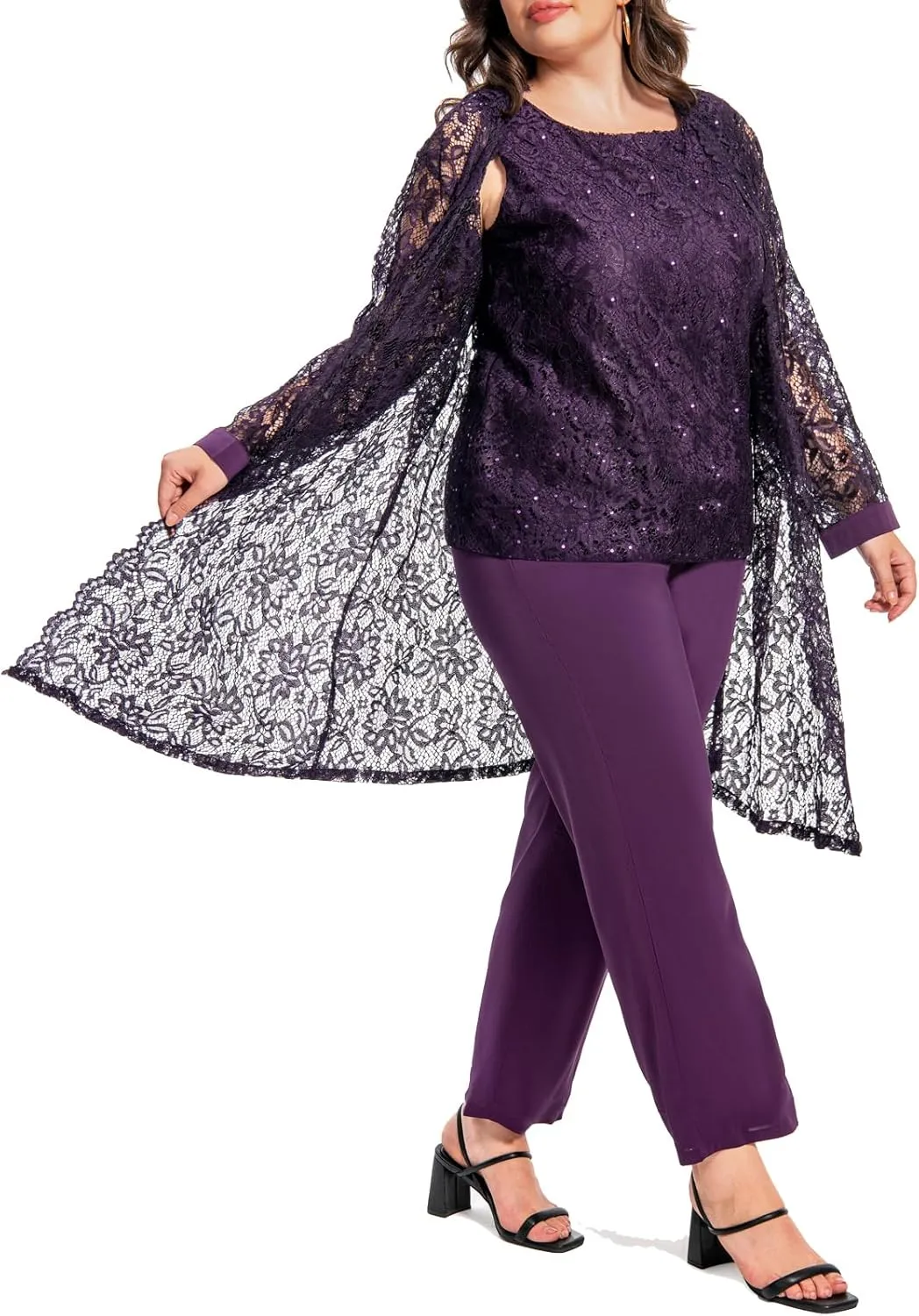 Plus Size Elegant Mother of The Bride Pant Suits Chiffon Pant with Women's Tank Top and Sequin Lace Jacket Evening Gown