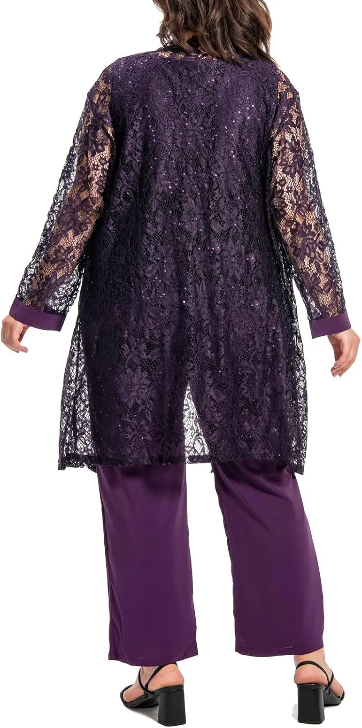 Plus Size Elegant Mother of The Bride Pant Suits Chiffon Pant with Women's Tank Top and Sequin Lace Jacket Evening Gown