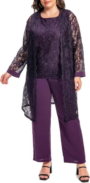 Plus Size Elegant Mother of The Bride Pant Suits Chiffon Pant with Women's Tank Top and Sequin Lace Jacket Evening Gown