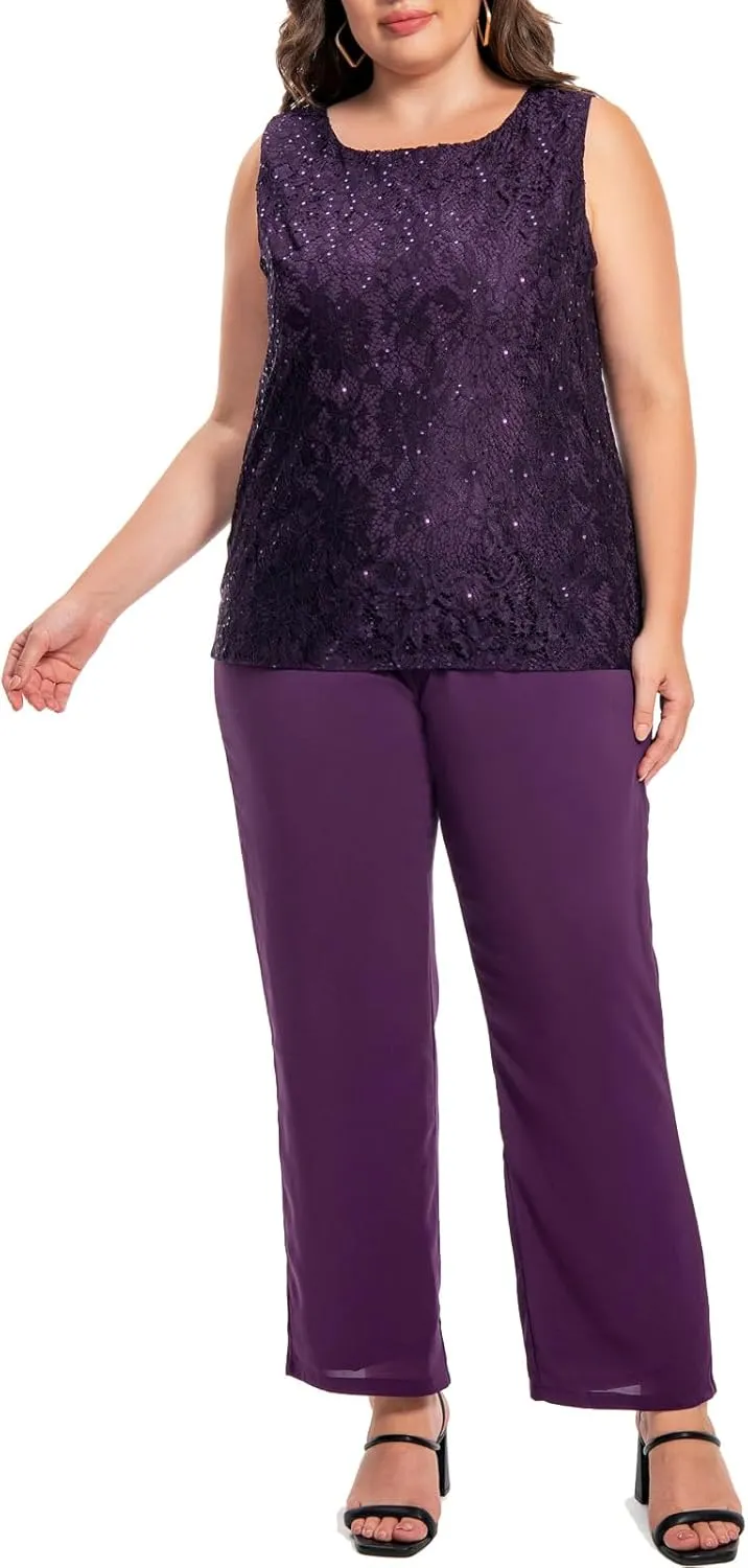 Plus Size Elegant Mother of The Bride Pant Suits Chiffon Pant with Women's Tank Top and Sequin Lace Jacket Evening Gown