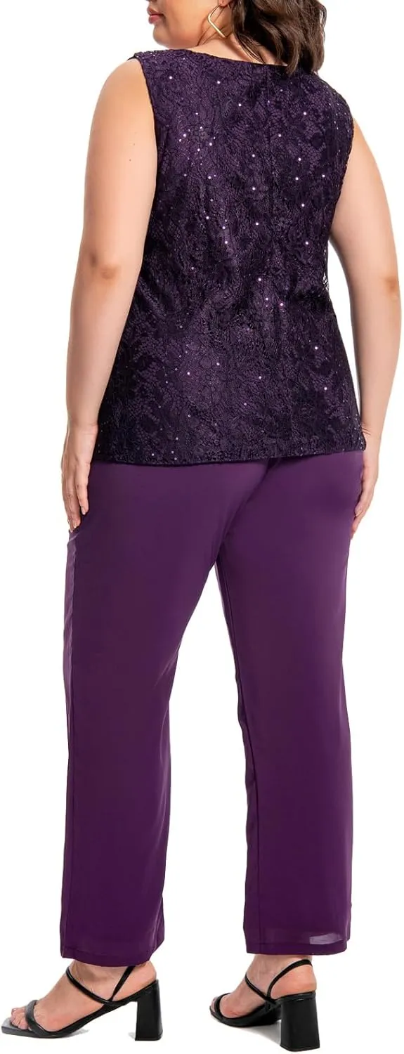 Plus Size Elegant Mother of The Bride Pant Suits Chiffon Pant with Women's Tank Top and Sequin Lace Jacket Evening Gown