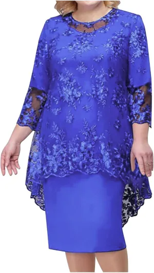 Plus Size Mother of The Bride Dress Floral Lace Mesh Wedding Guest Dresses 2PC 3/4 Sleeve High Low Top with Dress