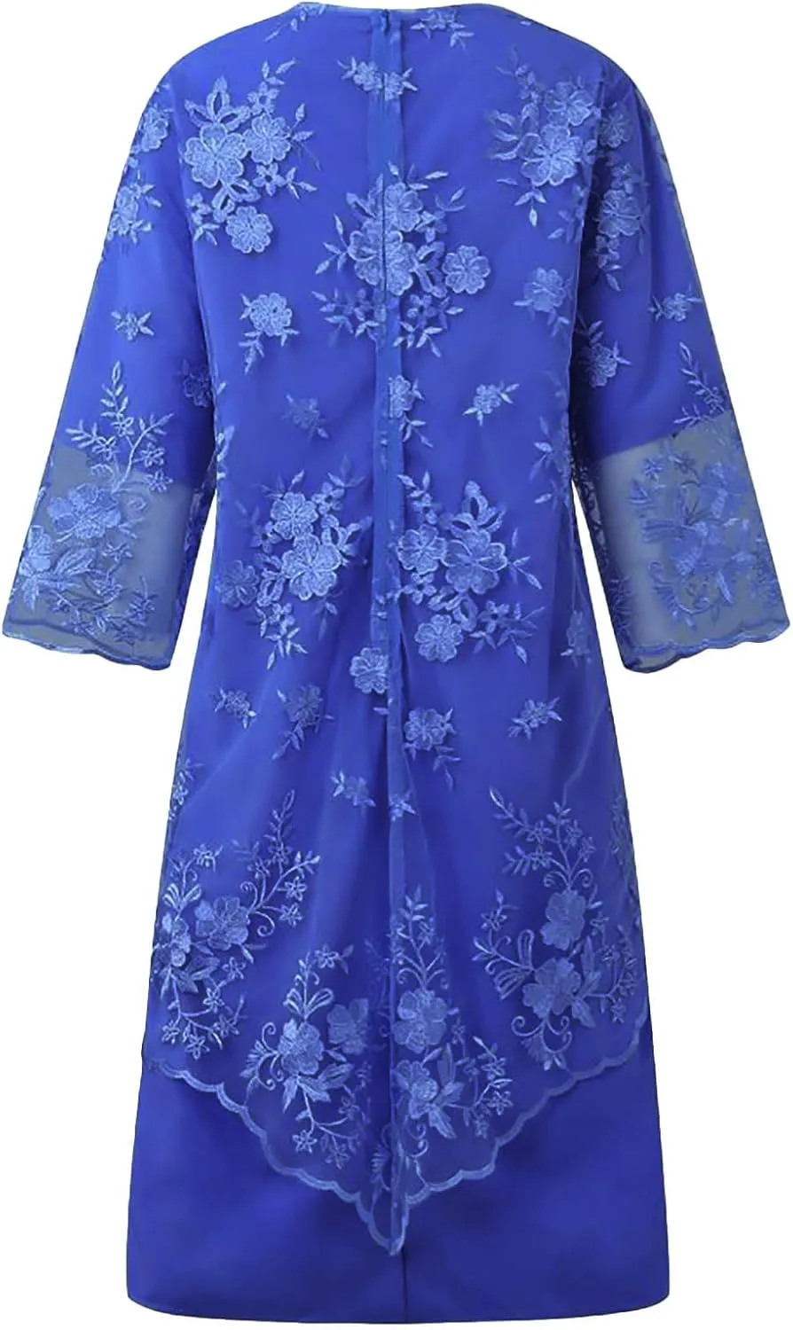 Plus Size Mother of The Bride Dress Floral Lace Mesh Wedding Guest Dresses 2PC 3/4 Sleeve High Low Top with Dress