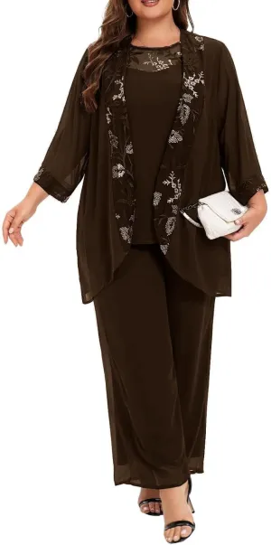 Plus Size Mother of The Bride Pant Suits 3 Pieces Chiffon Appliques Outfit Sets Special Occasion Wear