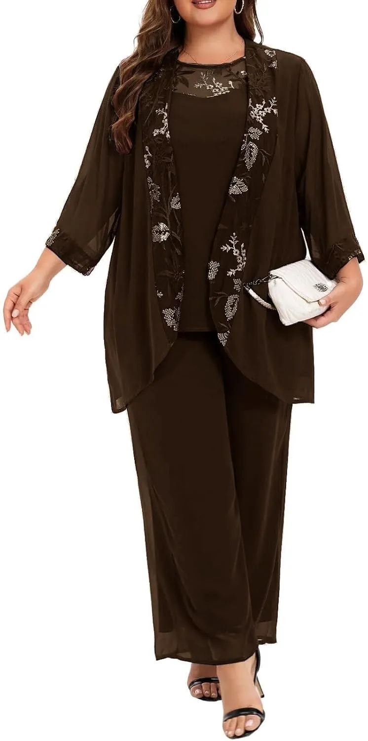 Plus Size Mother of The Bride Pant Suits 3 Pieces Chiffon Appliques Outfit Sets Special Occasion Wear