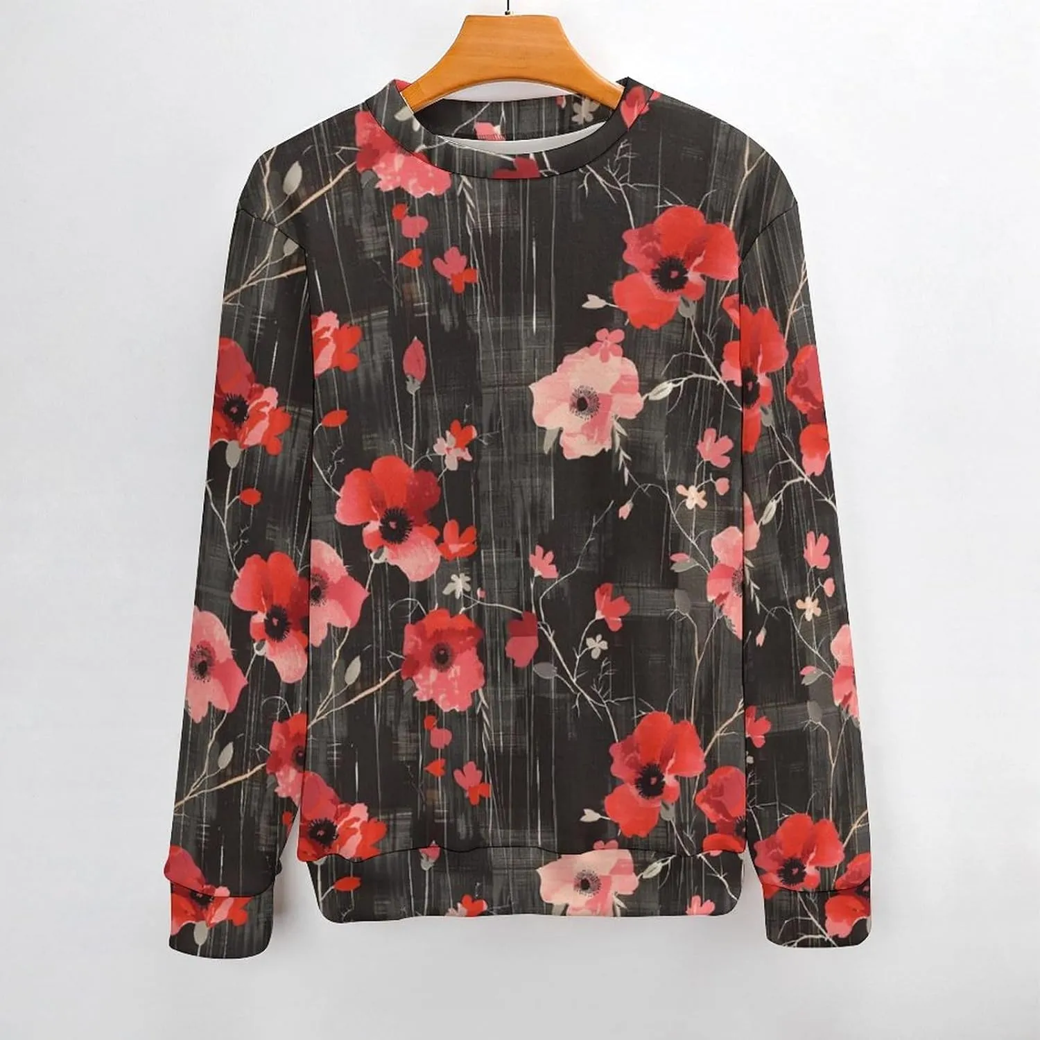 Poppy Flower Black White Checkered Crew Neck Sweater Oversized Long Sleeve Pure Cotton Casual Knit Pullover Sweatshirt