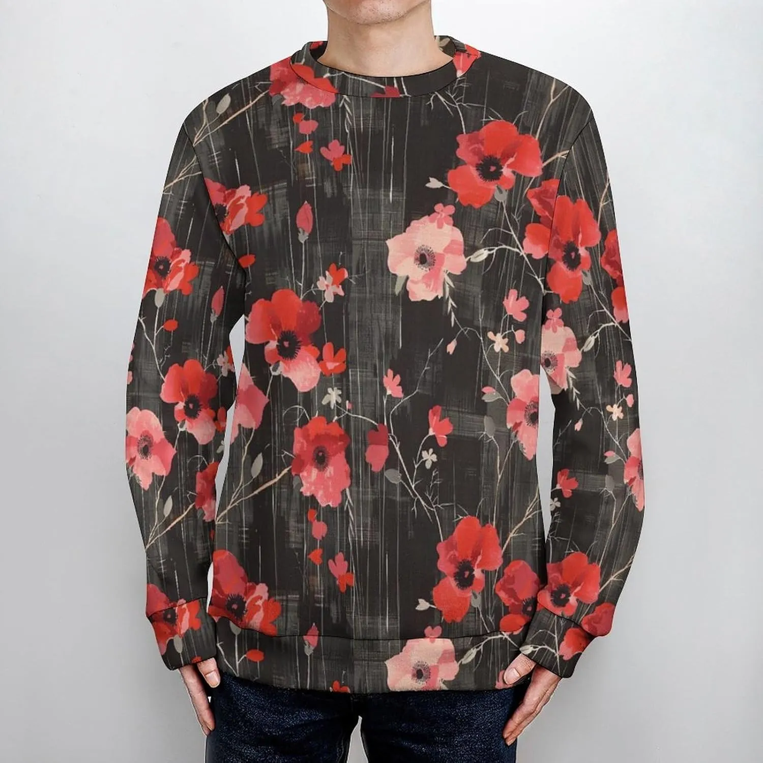 Poppy Flower Black White Checkered Crew Neck Sweater Oversized Long Sleeve Pure Cotton Casual Knit Pullover Sweatshirt