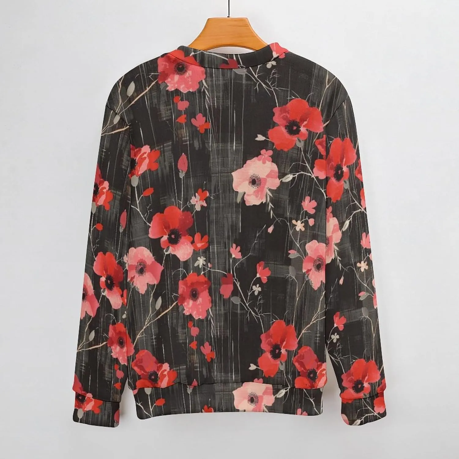 Poppy Flower Black White Checkered Crew Neck Sweater Oversized Long Sleeve Pure Cotton Casual Knit Pullover Sweatshirt