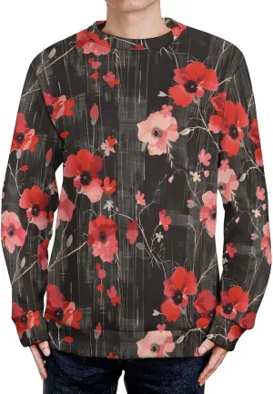 Poppy Flower Black White Checkered Crew Neck Sweater Oversized Long Sleeve Pure Cotton Casual Knit Pullover Sweatshirt