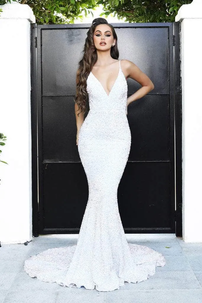 PORTIA & SCARLETT PS21235 Plunging Spaghetti Strap Gown with Open Back