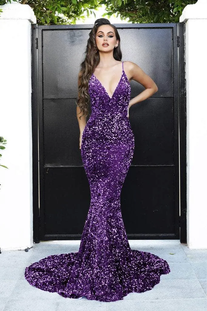 PORTIA & SCARLETT PS21235 Plunging Spaghetti Strap Gown with Open Back