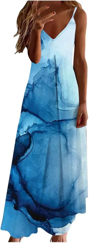 Prime Women's Summer Spaghetti Strap Elegant Long Dresses Plus Size Vacation Flowy Beach Dress Loose Floor Length Dress Women's Casual Dresses Blue 3X
