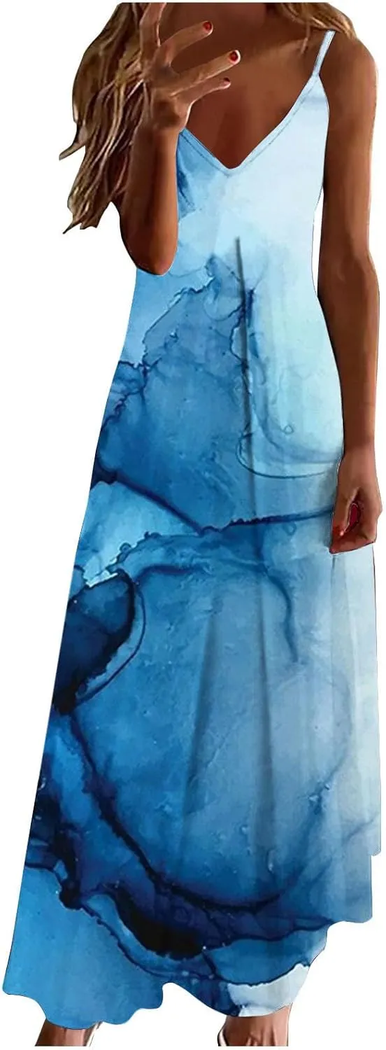 Prime Women's Summer Spaghetti Strap Elegant Long Dresses Plus Size Vacation Flowy Beach Dress Loose Floor Length Dress Women's Casual Dresses Blue 3X
