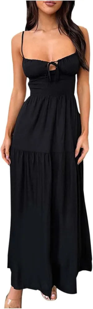 PTOLOCIF Maxi Dresses for Women Sexy Spaghetti Strappy Low Cut Sundress Trendy Sleeveless Tie V Neck Flowy Boho Beach Dress