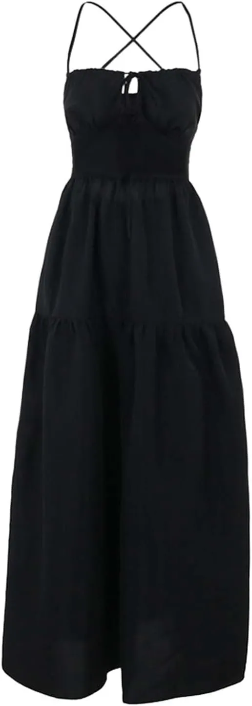 PTOLOCIF Maxi Dresses for Women Sexy Spaghetti Strappy Low Cut Sundress Trendy Sleeveless Tie V Neck Flowy Boho Beach Dress